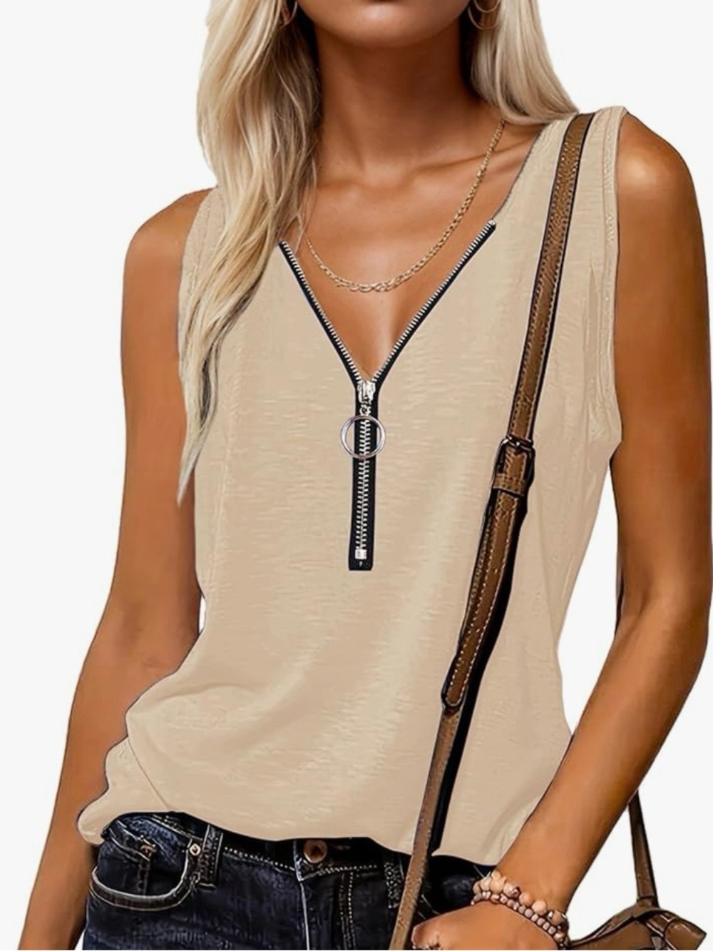 Sleeveless Apricot V‑Neck Zip Front Top